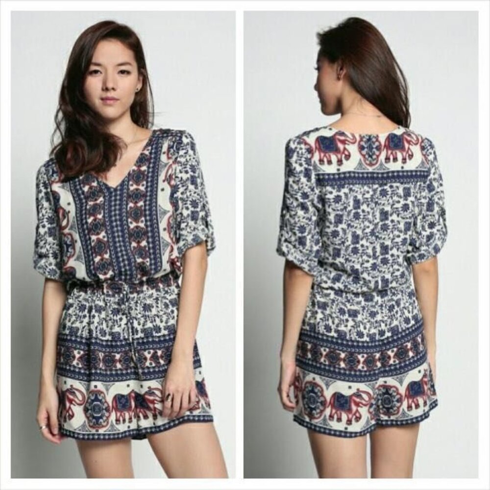 Love Bonito Blue White Red Elephant Boho Pathyia Romper Playsuit Shorts